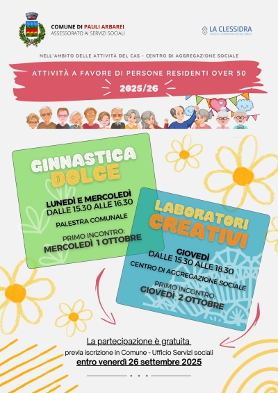 CAS. Attivit&agrave; di ginnastica dolce e laboratori creativi a favore di persone residenti over-50. Apertura iscrizioni.