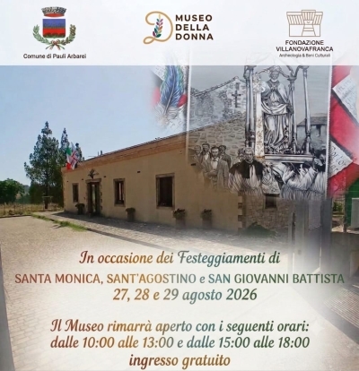 Museo della Donna di Pauli Arbarei - Orari di apertura nei giorni 27, 28 e 29 agosto 2026.