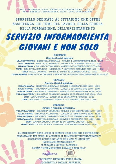 Gestione associata servizi alla persona. Sportello "Informaorienta Giovani e non Solo". Locandina mesi dicembre 2022 - gennaio e febbraio 2023